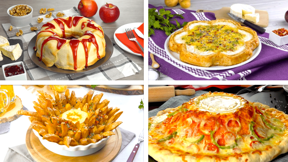 6 Rezepte mit Cambembert: Beitragsbild mit vier Rezepten.