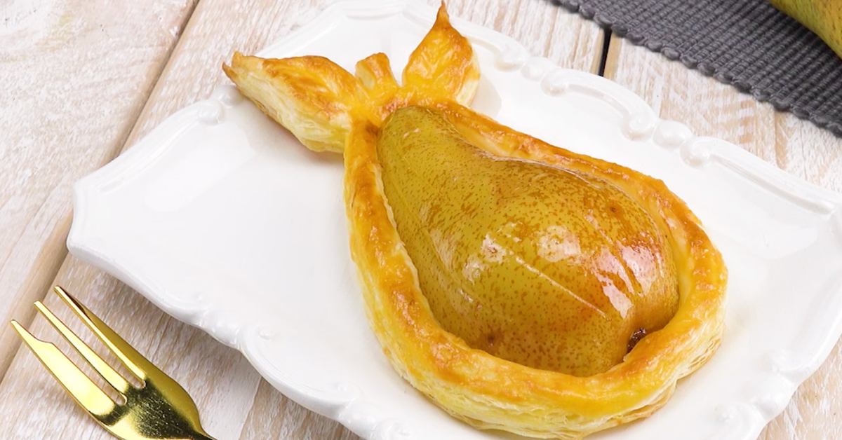 Pralinen-Birne auf Blätterteig