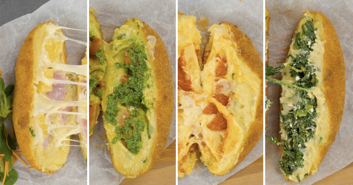 4-mal gebackene Kartoffeltaschen nebeneinander zu einem Bild zusammengefügt.