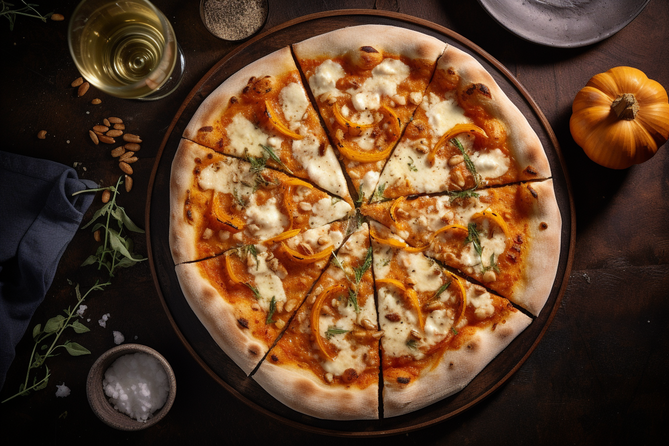 Kürbis-Pizza im Herbst mit Mozzarella und roten Zwiebeln.