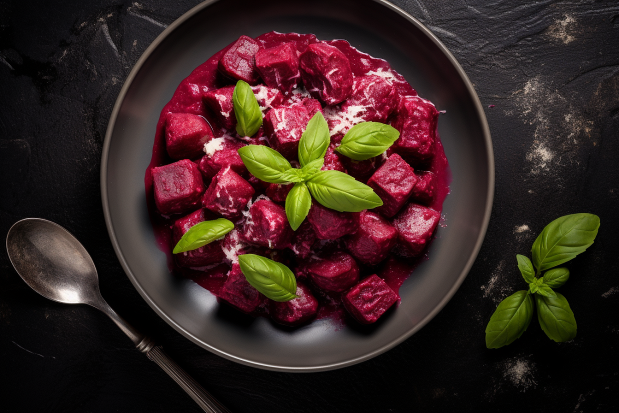 Rote-Bete-Gnocchi: Selbstgemachte Gnocchi aus Roter Bete und Kartoffeln, serviert mit brauner Butter und Salbeiblättern.