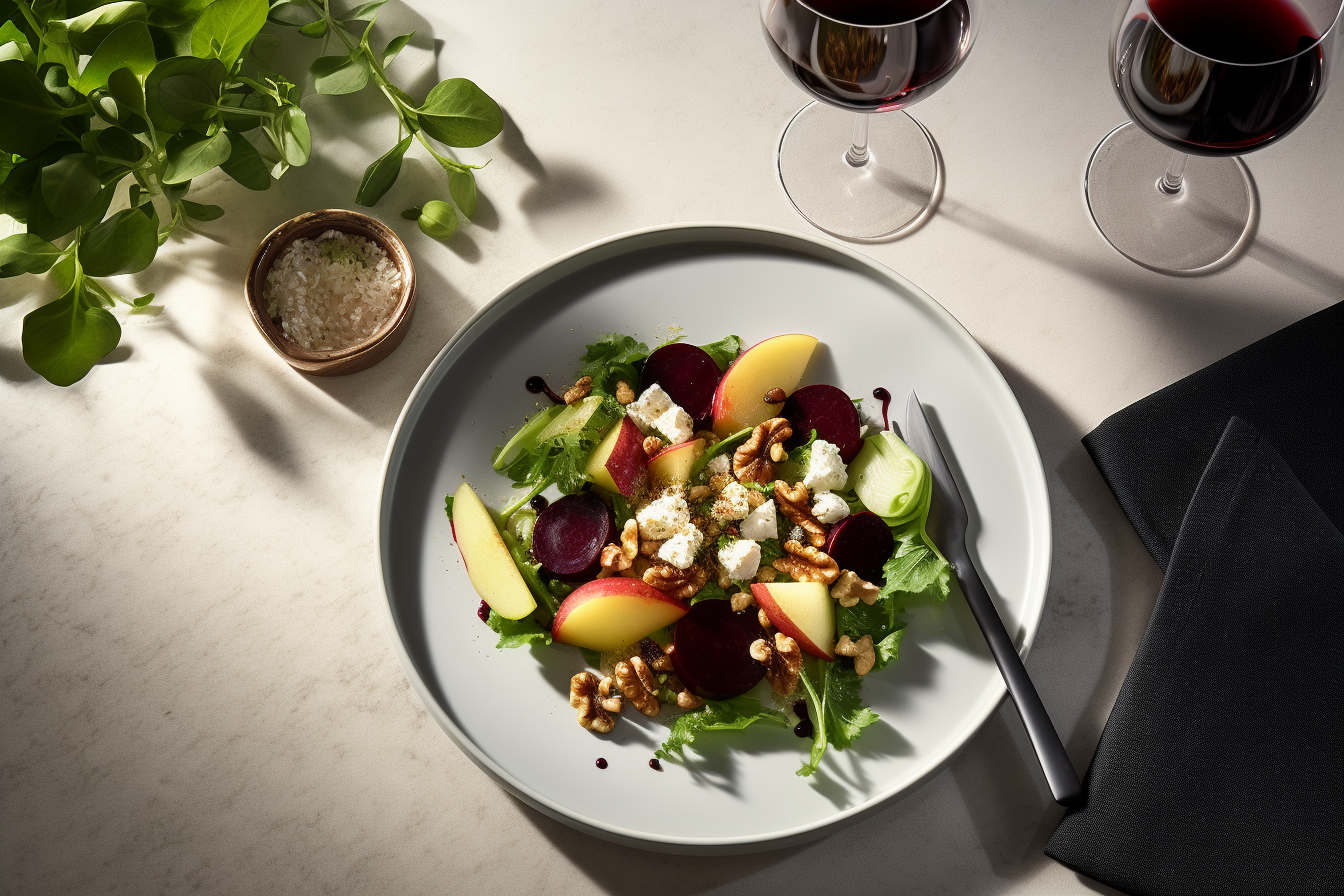 Rote Bete Salat mit Apfel: Eine Schüssel mit dunkelvioletten roten Bete Würfeln, grünen Apfelstücken, Walnüssen und einem frischen Dressing.