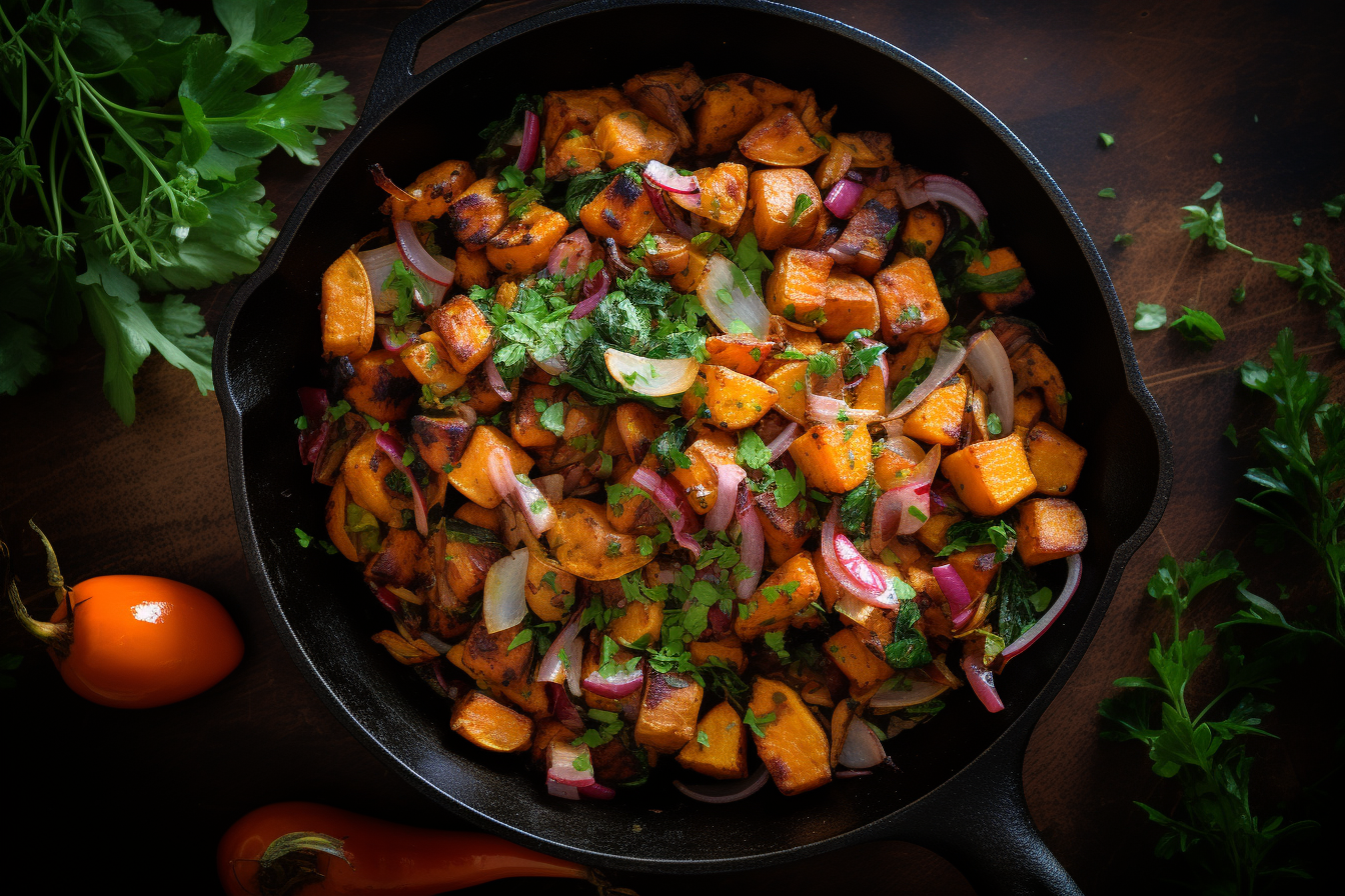 Süßkartoffel Pfanne: Eine heiße Pfanne mit gebräunten Süßkartoffelstücken, Zwiebeln, Paprika und Gewürzen, garniert mit frischen Kräutern.