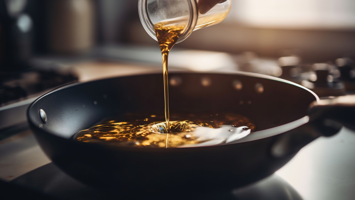 Öl wird in eine Pfanne gegossen