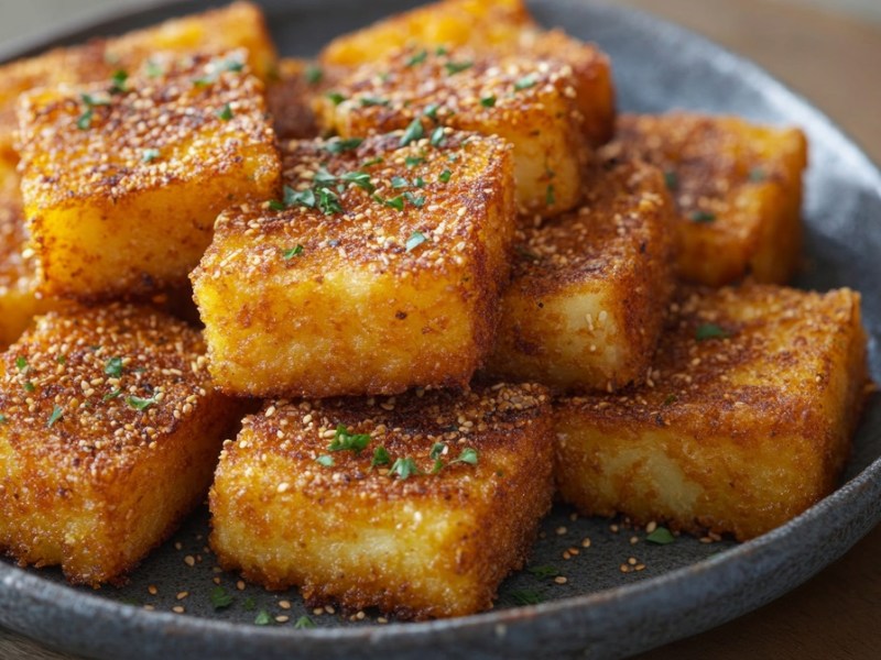 Knusprige Polenta in einer grauen Schale serviert.