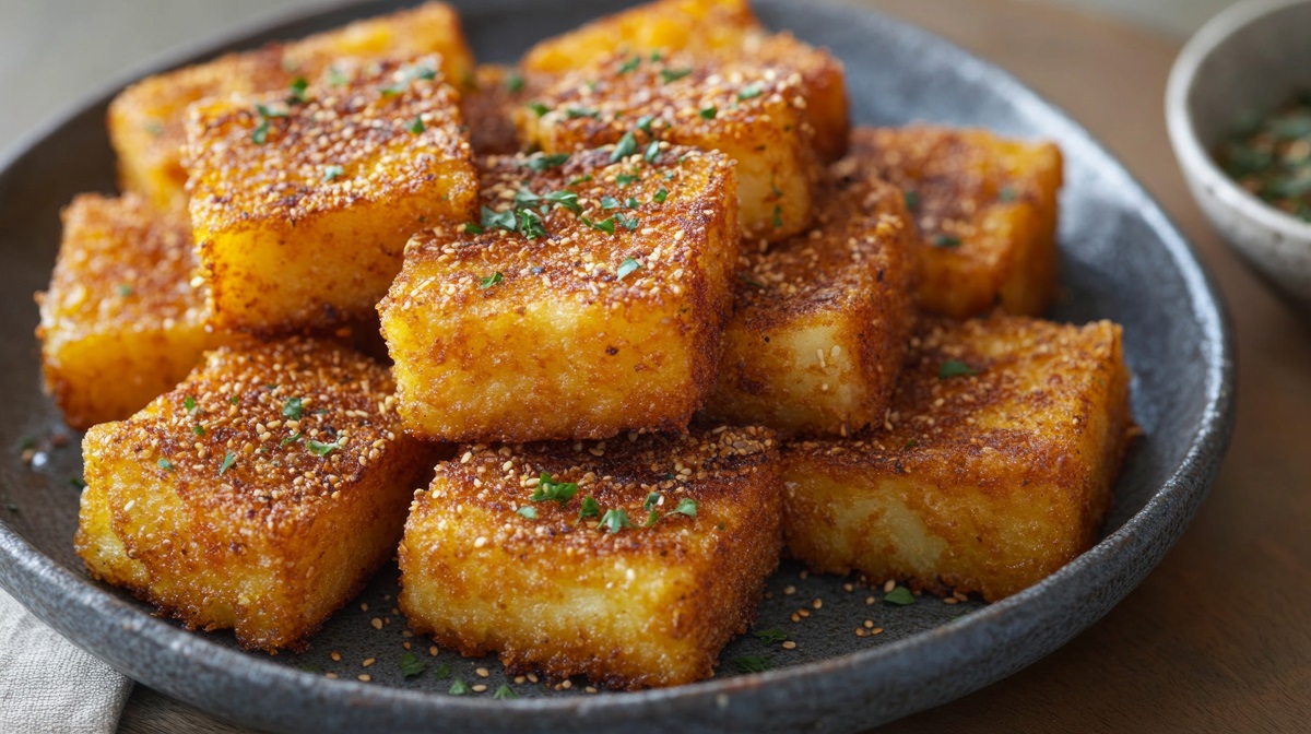 Knusprige Polenta in einer grauen Schale serviert.