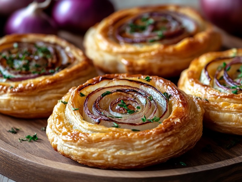 Teller mit Ein leckerer Snack für viele Gelegenheiten: französische Zwiebel-Tartelettes im handlichen Mini-Format.