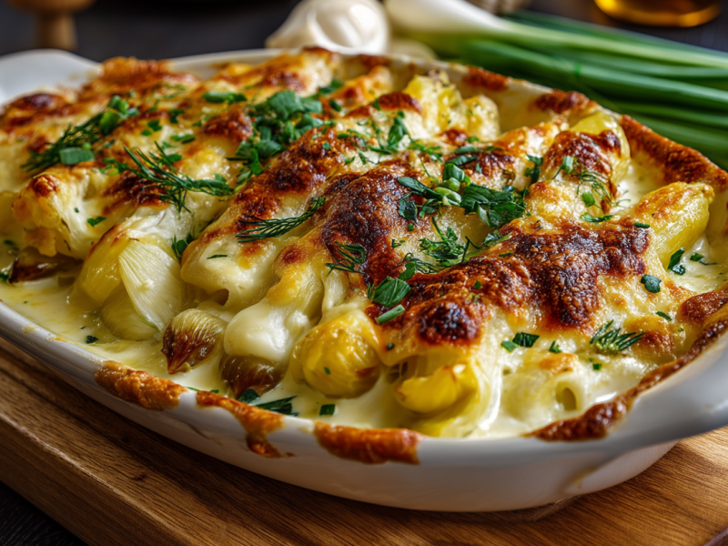 Spargel-Lauch-Auflauf in einer weißen Auflaufform.