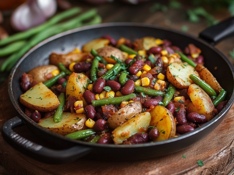 Eine Westernpfanne mit Kartoffelspalten, Bohnen und Mais in einer Pfanne.