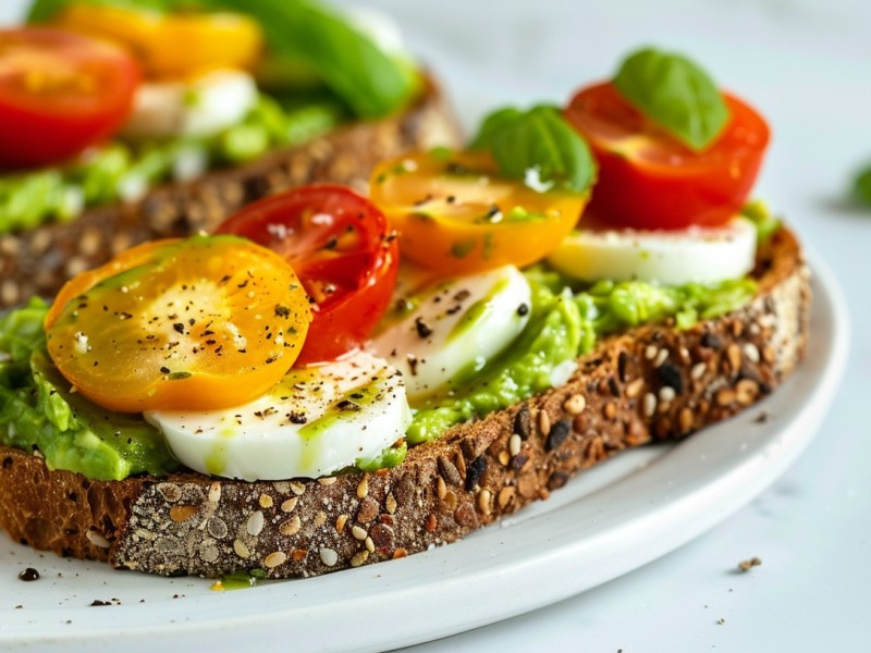 2 Avocado-Caprese-Toasts mit Tomaten und Mozzarella auf einem Teller, garniert mit Basilikum.