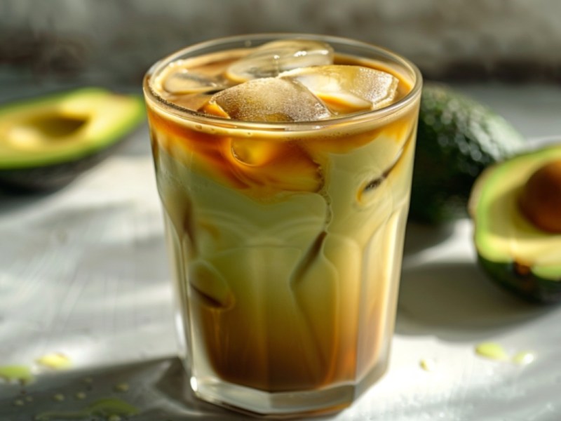 Ein Glas Avocado-Kaffee. Im Hintergrund liefen Avocados.