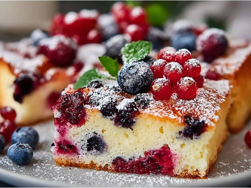 Teller mit einem Stück Buttermilchkuchen mit Beeren.