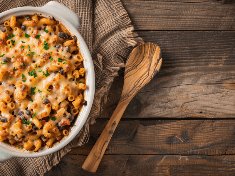 Nudelauflauf mit Chili con Carne in einer Auflaufform, daneben liegt ein Holzlöffel.