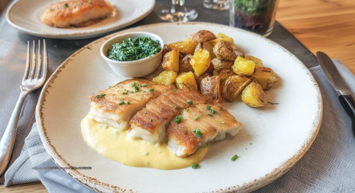 Pannfisch mit Bratkartoffeln und Senfsoße auf einem weißen Teller.
