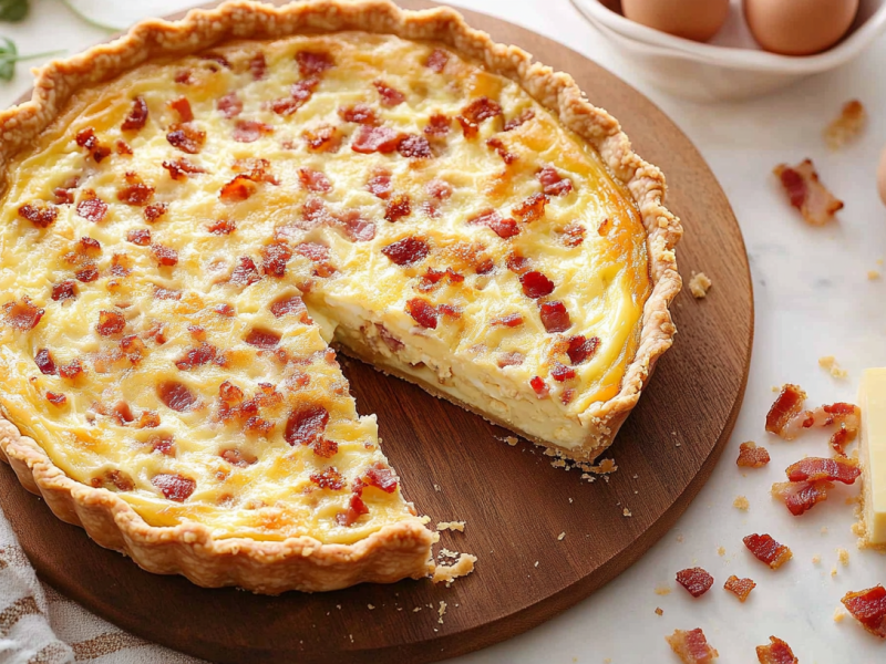 Eine Quiche Lorraine, von der ein Stück entnommen wurde, auf einem Holzbrett.