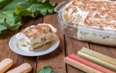 Eine Portion Rhabarber-Tiramisu auf einem Teller. Das restliche Dessert steht in einer Auflaufform dahinter.