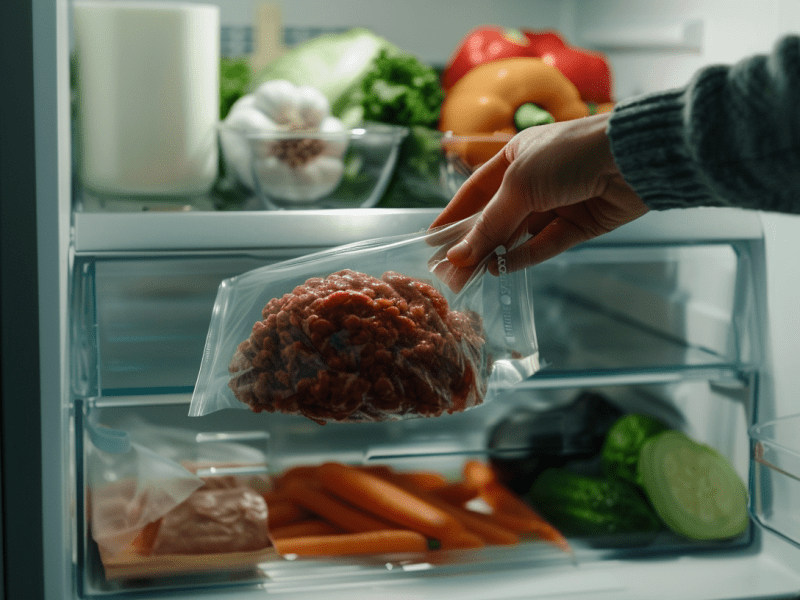 Rohes Hackfleisch aufbewahren: Eine Hand legt einen Beutel Hackfleisch in den Kühlschrank.