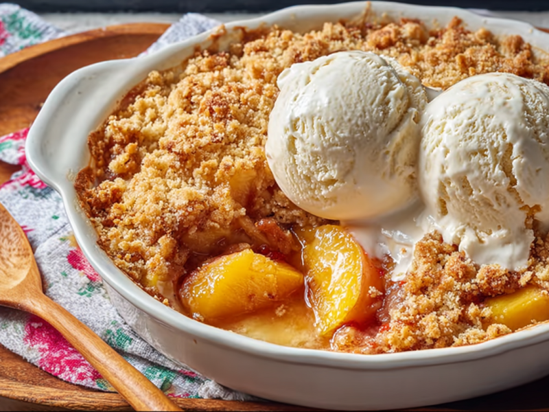 Pfirsich-Crumble in einer ovalen, weißen Auflaufform.