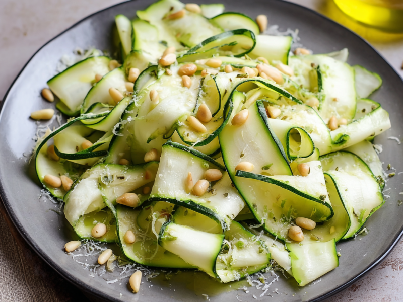 Roher Zucchinisalat auf einem grauen Teller, serviert mit Pinienkernen.