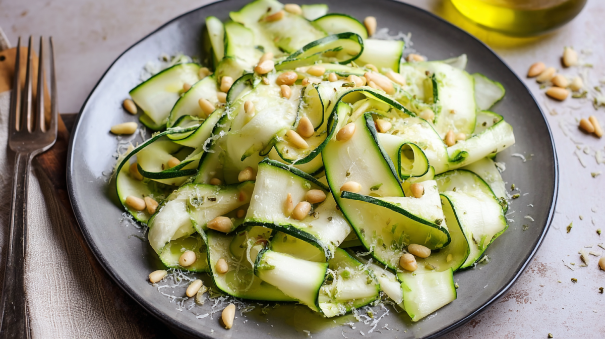 Roher Zucchinisalat auf einem grauen Teller, serviert mit Pinienkernen.