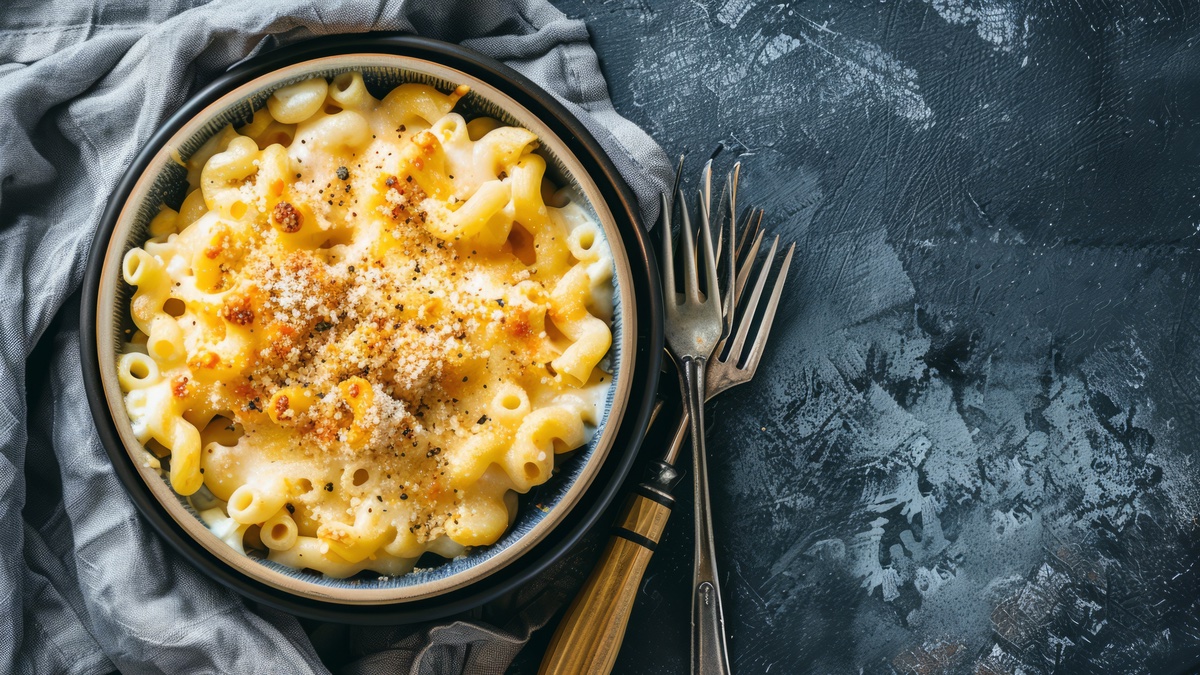 Vier-Käse-Nudelauflauf auf schwarzem Teller