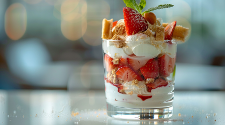 Ein Glas Wilde Hilde, ein Schichtdessert mit Sahne, Erdbeeren und Kekskrümeln.