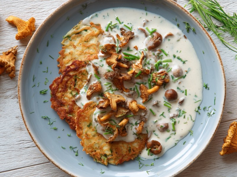 Kartoffelpuffer mit Pfifferling-Rahmsoße auf einem Teller in der Draufsicht, daneben Kräuter und Pfifferlinge.