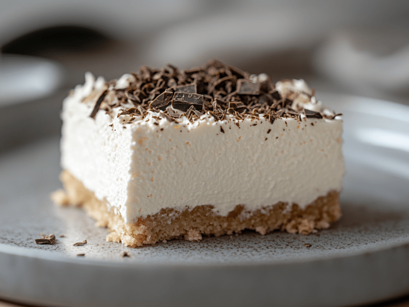 Ein Stück Schaumkuchen mit Paradiescreme vom Blech auf einem grauen Teller.