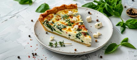 Ein Stück Feta-Spinat-Quiche auf einem Teller