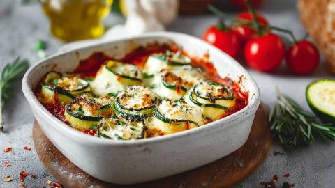 Zucchini-Cannelloni in Tomatensoße in einer Auflaufform