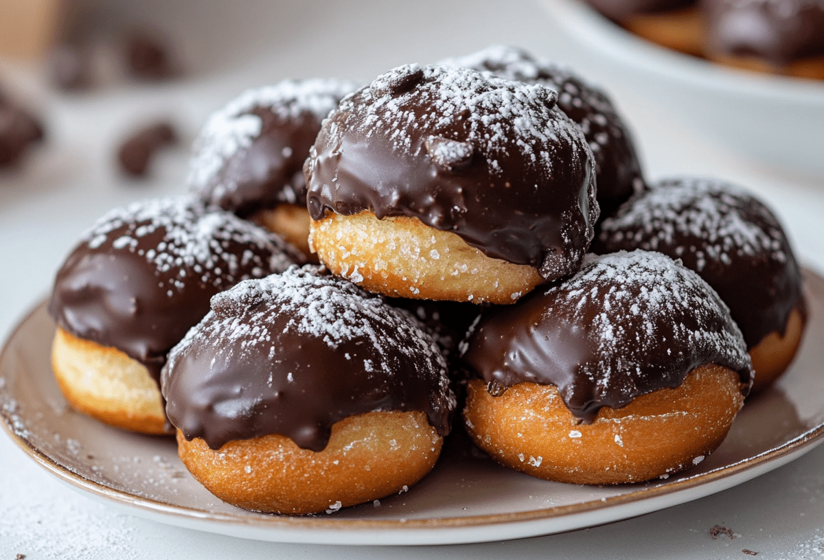 ein paar Boston Cream Donuts mit Schokoladenglasur auf einem Teller.