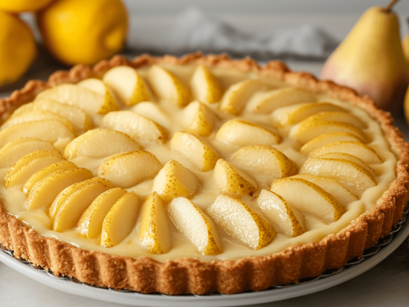 Birnen-Pudding-Kuchen auf einem Kuchentablett. Drum herum liegen Birnen.