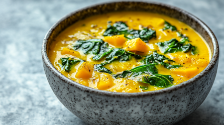 eine Schüssel Kürbis-Wirsing-Curry. Nahaufnahme.