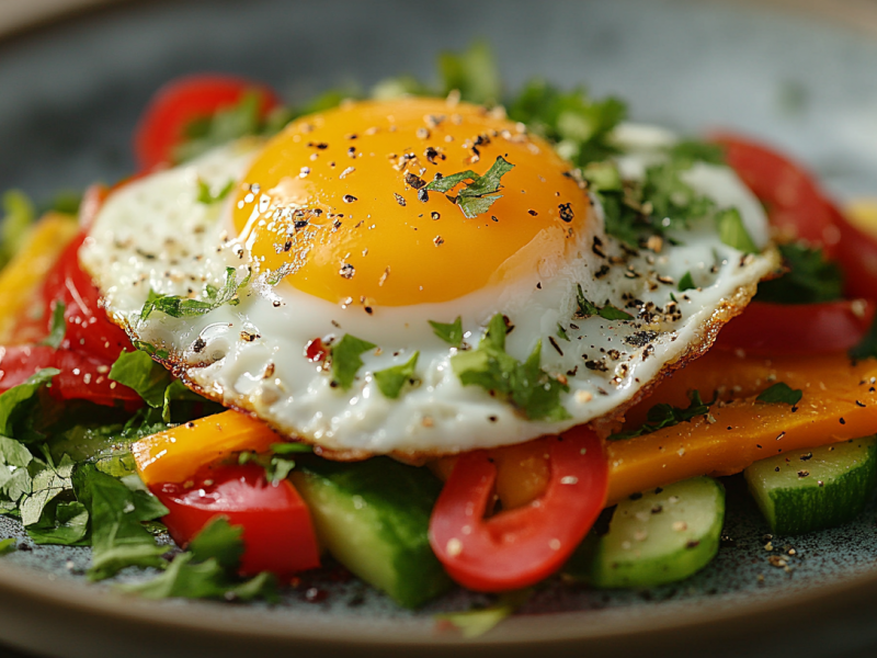 Spiegeleier auf Schmorgemüse auf einem Teller, garniert mit Petersilie.