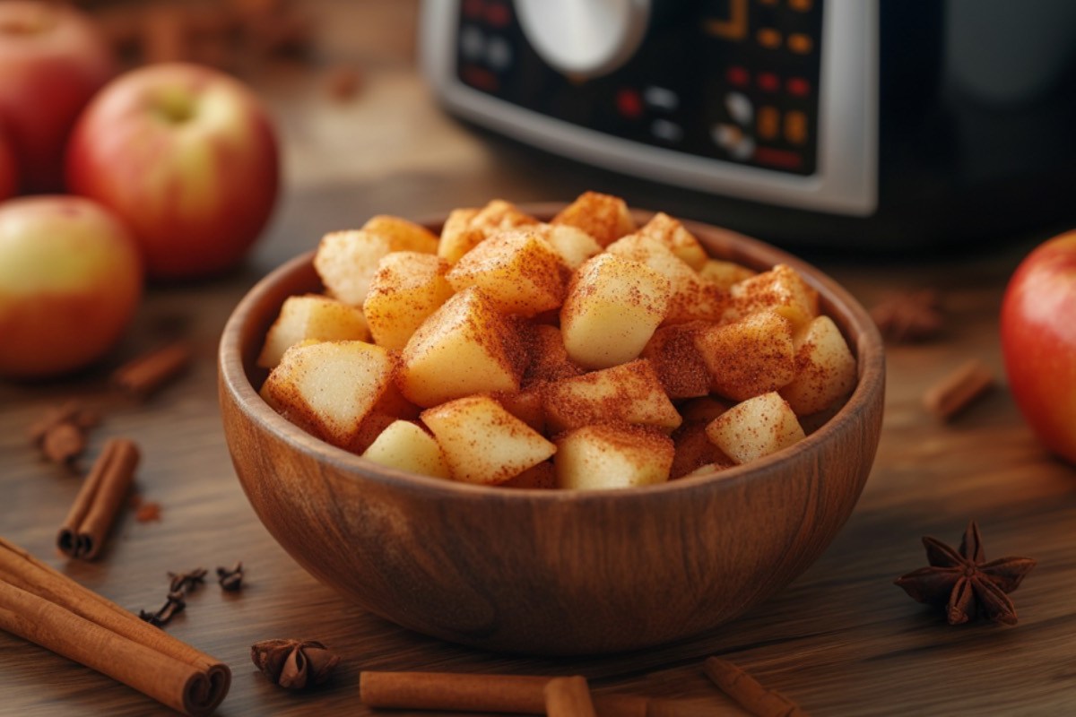 Äpfel aus dem Airfryer in einer Schüssel. Im Hintergrund sind Äpfel und die Heißluftfritteuse zu sehen.