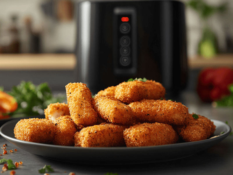 Fischstäbchen aus der Heißluftfritteuse auf einem Teller. Dahinter steht ein Airfryer.