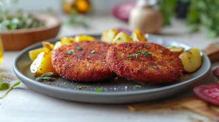 2 Rote-Bete-Schnitzel mit Kartoffeln auf einem Teller.