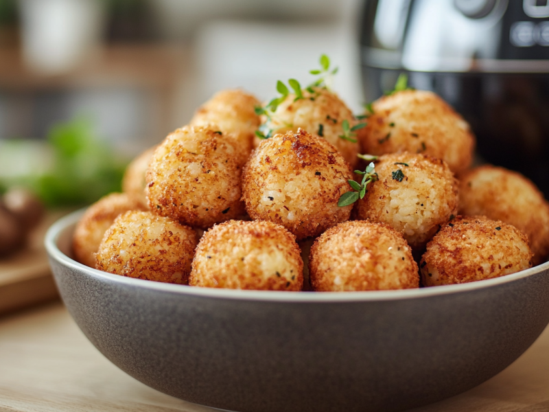 Eine Schale mit Arancini aus der Heißluftfritteuse, im Hintergrund unscharf eine Fritteuse.