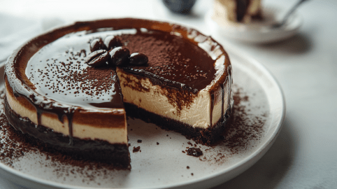 Espresso Martini Cheesecake auf einem Teller. Ein Stück wurde bereits entnommen.