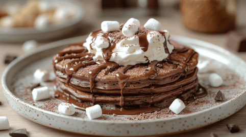 Heiße-Schokolade-Pancakes mit Marshmallow, Sahne und Schokosoße auf einem Teller.