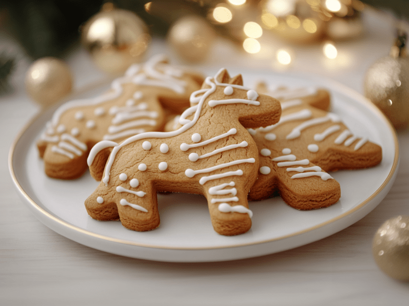 Ein Teller Pepparkakor, schwedische Gewürzplätzchen, in Form von Pferden. Drumherum etwas Weihnachtsdeko.