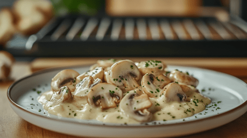 Ein Teller Rahmchampignons vom Raclette, im Hintergrund unscharf ein Raclettegrill.