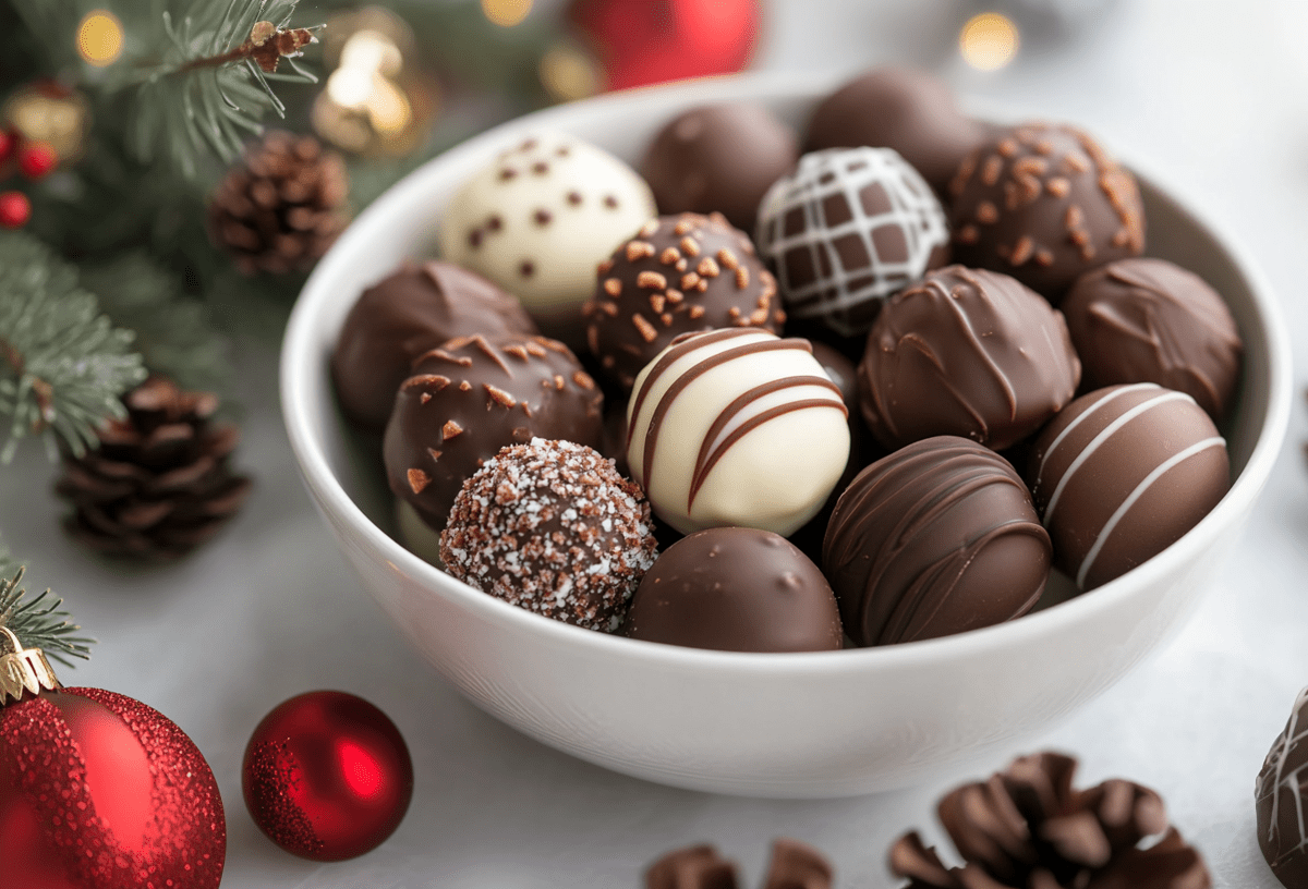 Eine Schale mit Spekulatius-Kugeln mit Schokolade überzogen. Drumherum Weihnachtsdekoration.