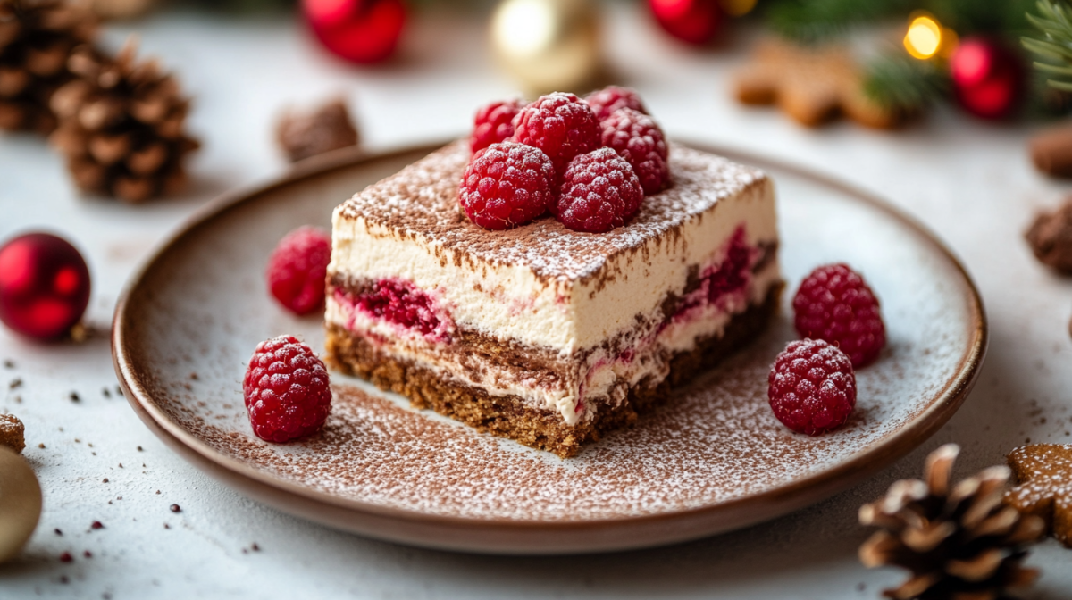 Ein Teller mit einer Portion Tiramisu mit Spekulatius und Himbeeren, drumherum etwas Weihnachtsdeko.