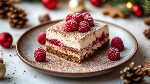 Ein Teller mit einer Portion Tiramisu mit Spekulatius und Himbeeren, drumherum etwas Weihnachtsdeko.