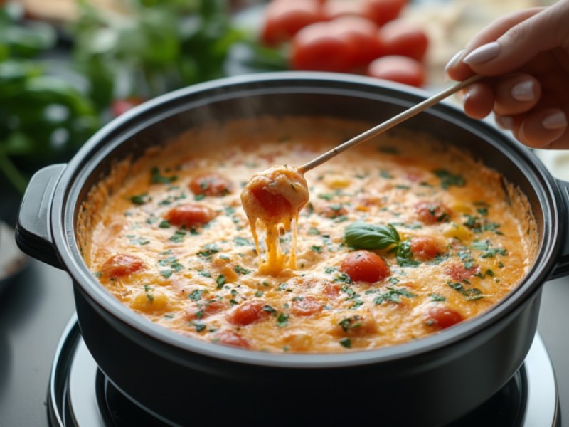 In ein Tomaten-Käse-Fondue wird eine Gabel mit Brot getunkt.