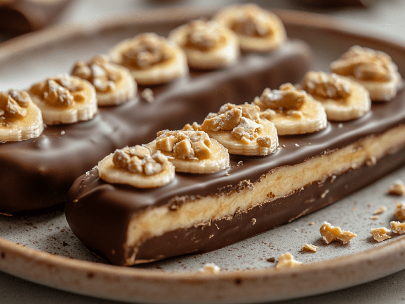 2 Riegel vegane Snickers-Schokolade garniert mit Bananen und gehackten Nüssen auf einem Teller.