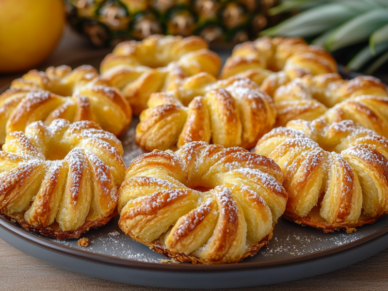 Ein paar Ananas-Blätterteig-Donuts auf einem Teller, im Hintergrund einige Zutaten unscharf zu erkennen.