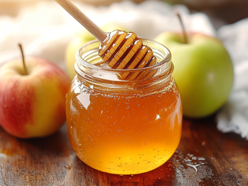 Ein Glas veganer Honig aus Apfelsaft mit einem Honiglöffel darin.