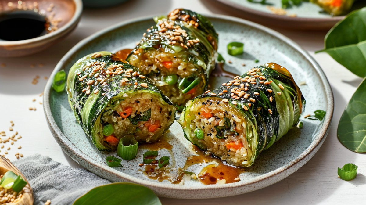 Drei Asia-Rouladen liegen aufgeschnitten auf einem graublauen Teller. Sie sind mit etwas Soße übergossen und mit Sesamkörnern überstreut. Zusätzlich sind ein paar Frühlingszwiebeln darübergestreut. Hinten links steht eine Schale mit Sojasoße, hinten recht ein Teller mit weiteren Rouladen.